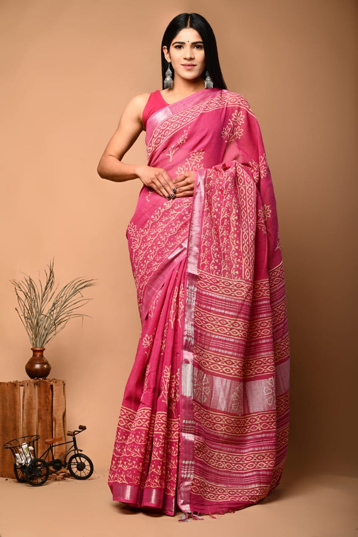 Soft Linen Printed Saree With Classic Zari Border Touch