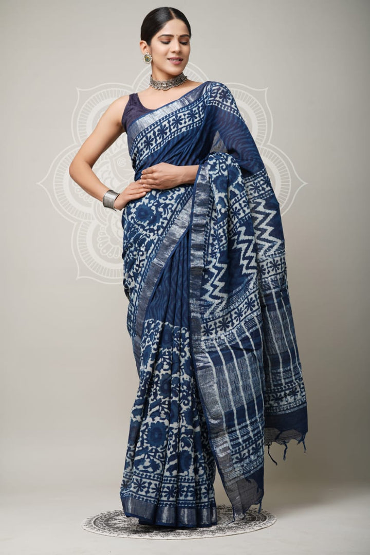 Everyday Wear Printed Linen Saree With Woven Zari Border