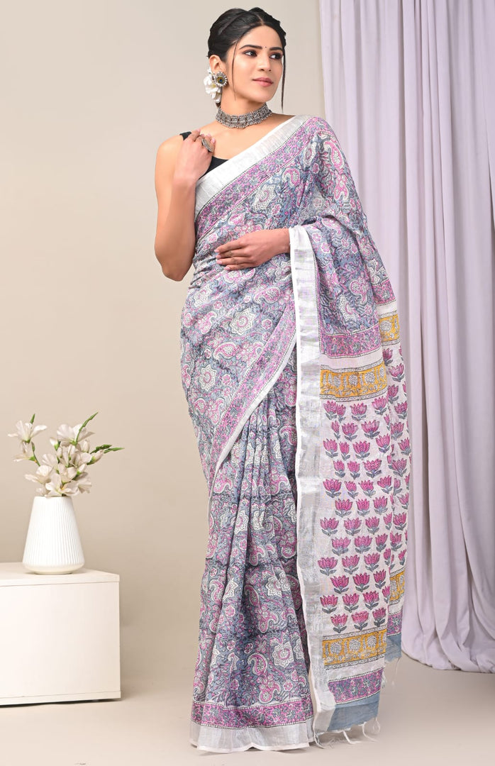 Pure Linen Printed Saree In Simple And Traditional With Zari Finish