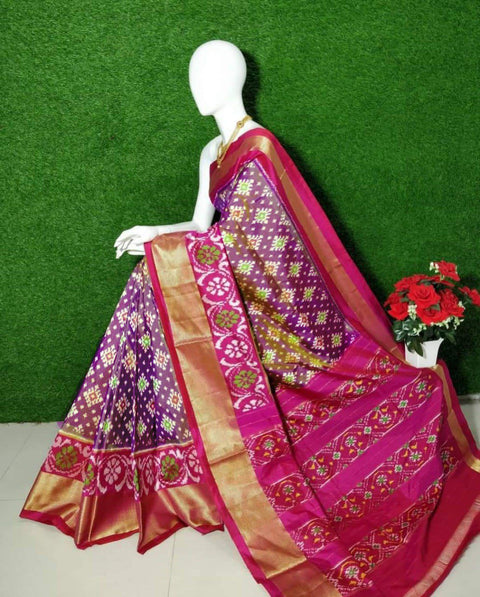 Stunning Purple And Pink Handloom Pure Soft Silk Saree With Ethnic Ikkat Pochampally Print