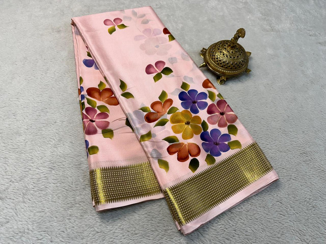 Chic Pink Zari Work Saree In Semi Mysore Soft Silk Fabric