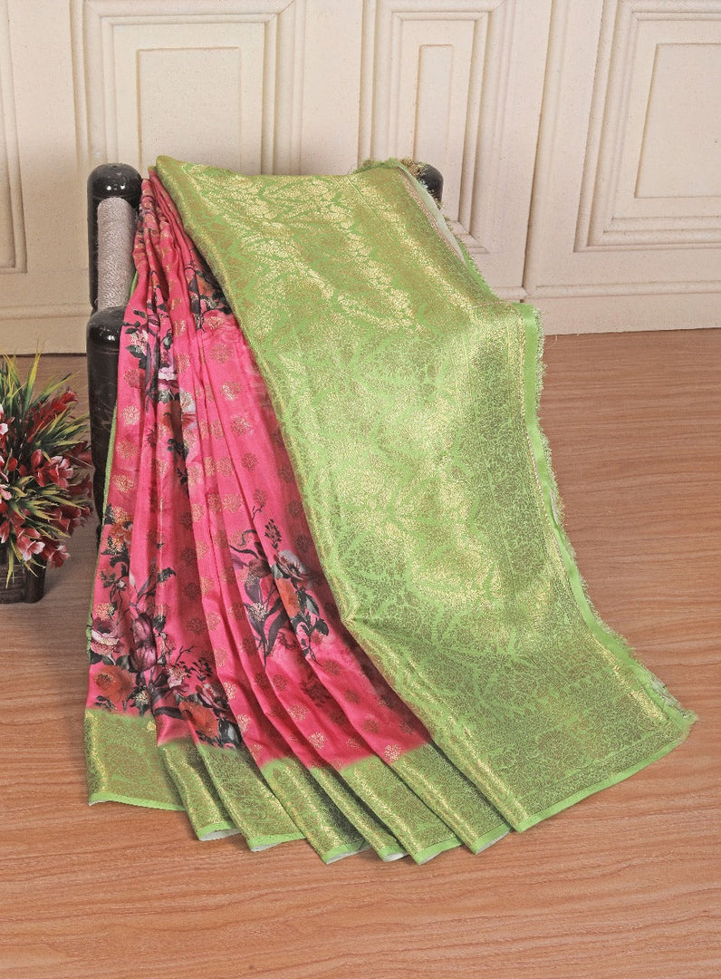 Pretty Pink Pure Georgette Silk Handloom Print Kanchi Pallu Saree With Blouse