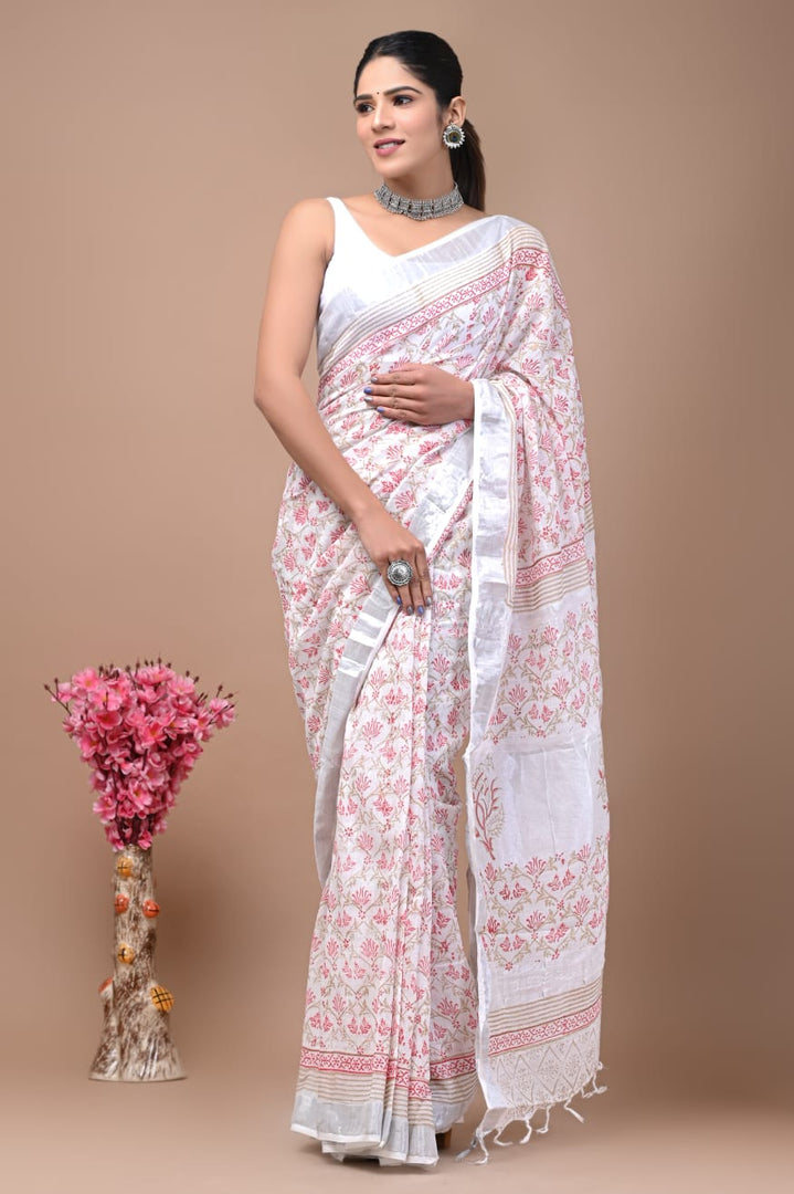 Modern Ethnic Pure Linen Saree Lightweight Print With Zari Accent