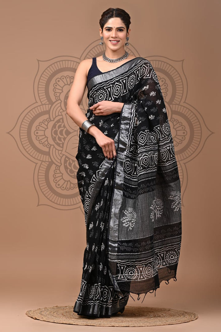 Elegant Office Wear Pure Linen Saree Printed With Zari Edge