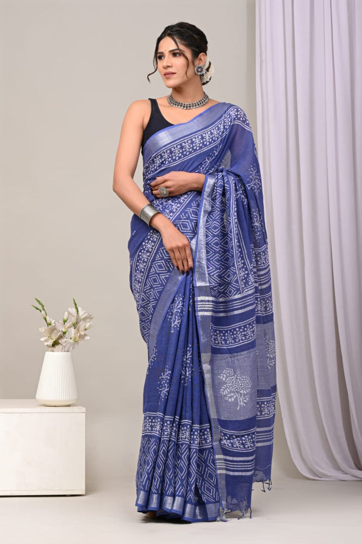 Handloom Style Linen Saree Pure Printed Fabric With Zari Detailing