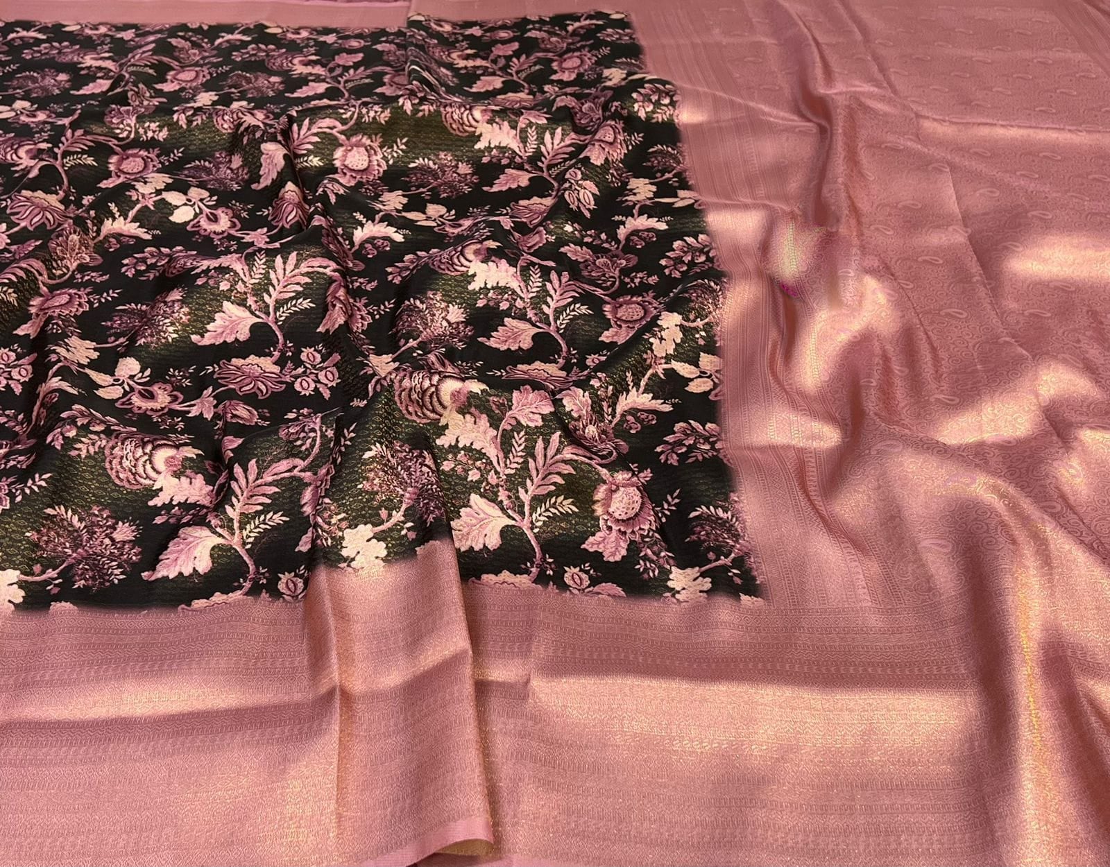 Royal Pink Soft Silk Digital Print Saree With Kubera Pattu Touch