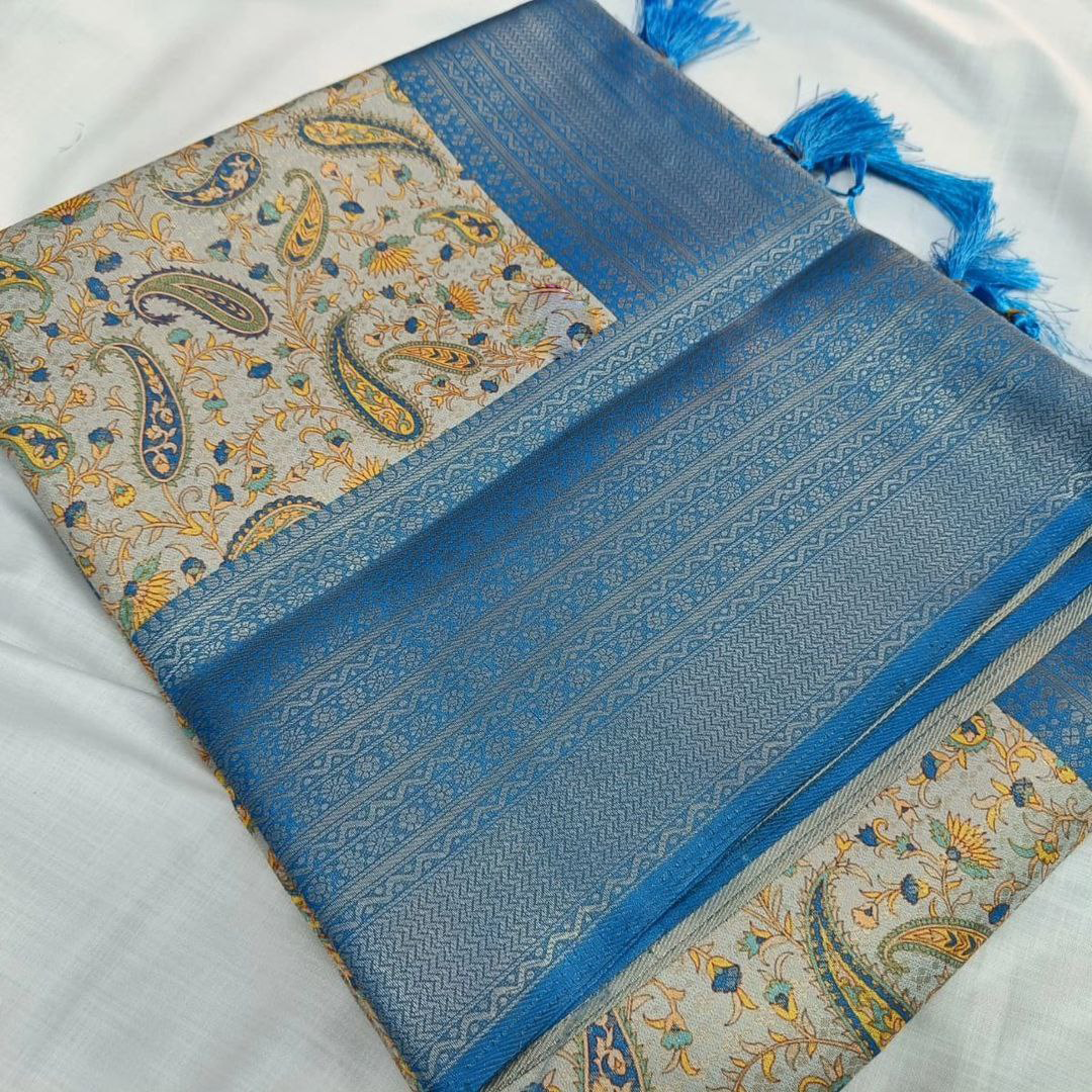 Chic Blue Digital Print Soft Silk Saree With Traditional Kubera Pattu Look