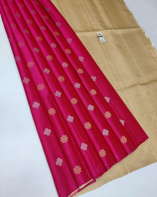 Trendy Rani And Beige Silk Saree Featuring Ethnic Weaving Style