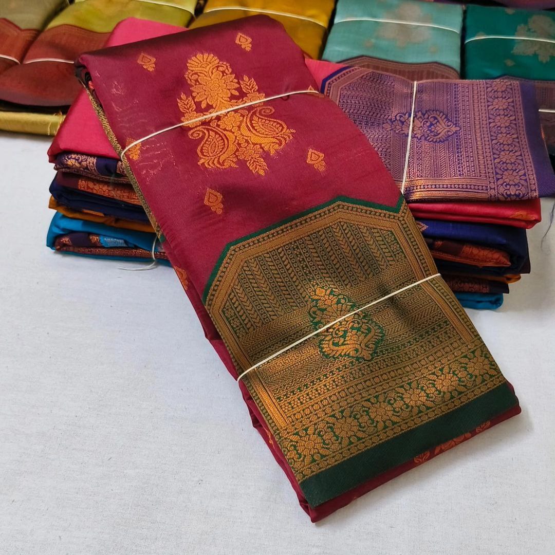 Trendy Light Red Kubera Pattu Saree Soft Silk With Rich Zari Weaving And Matching Blouse