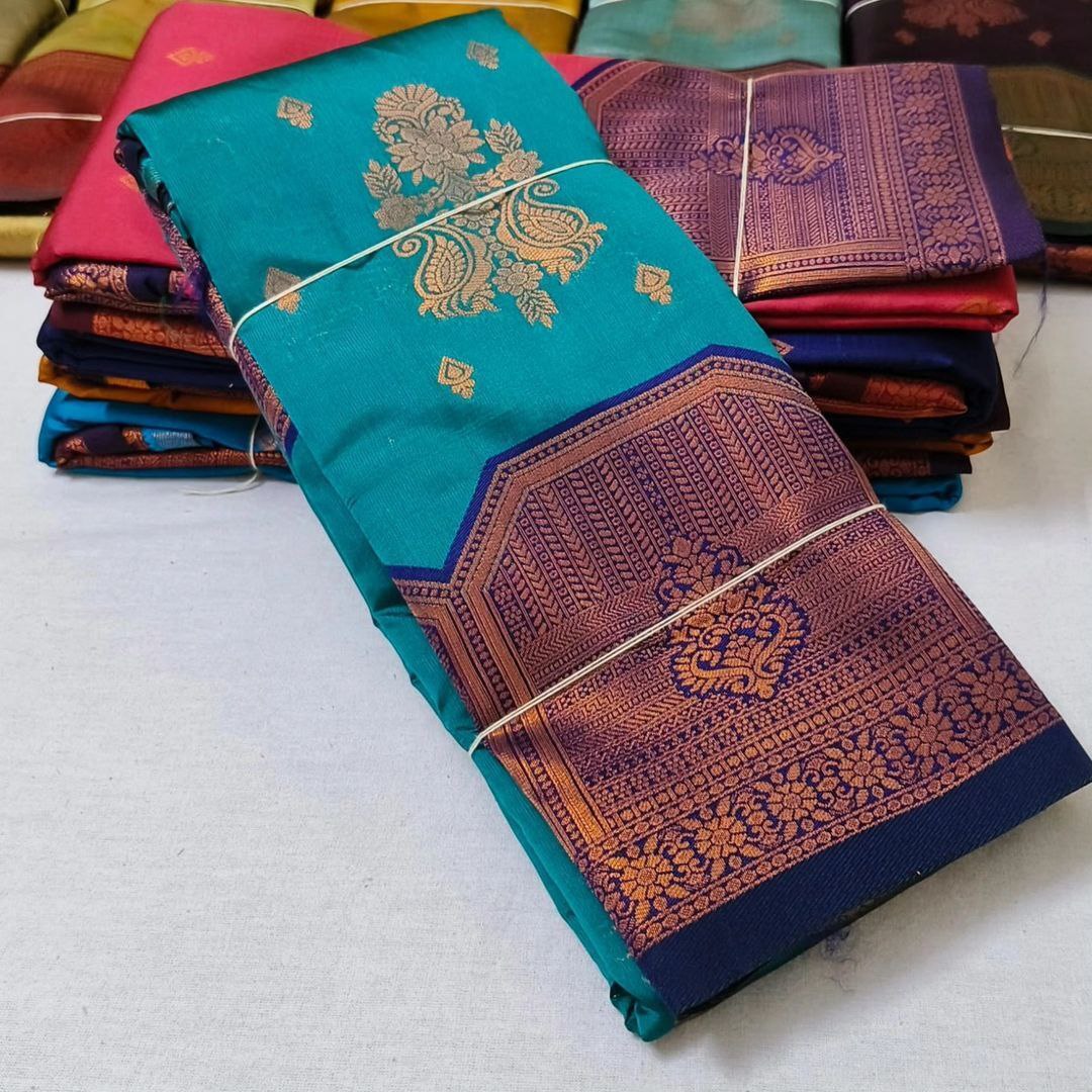 Light Blue Kubera Pattu Silk Saree Soft And Trendy With Zari Border And Blouse Material