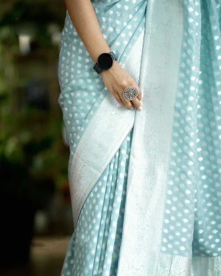 Classic Light Blue Handloom Woven Pure Georgette Silk Traditional Saree