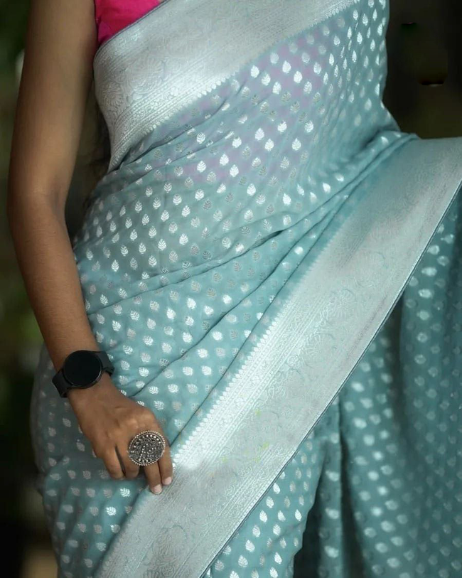Classic Light Blue Handloom Woven Pure Georgette Silk Traditional Saree