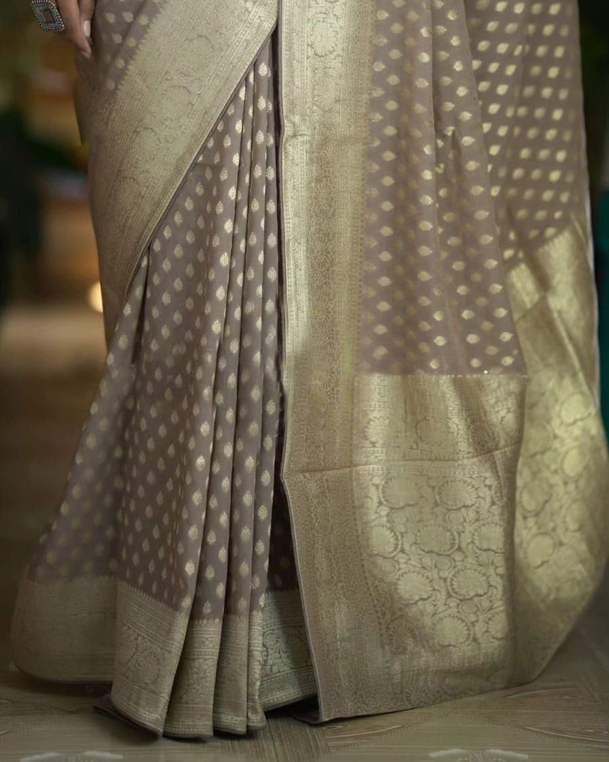 Stylish Golden Georgette Silk Handloom Weave Saree In Pure Fabric