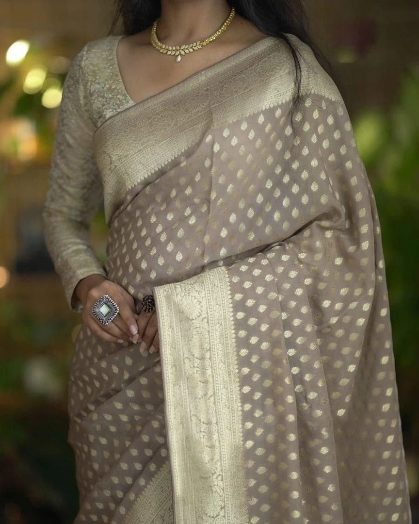 Stylish Golden Georgette Silk Handloom Weave Saree In Pure Fabric