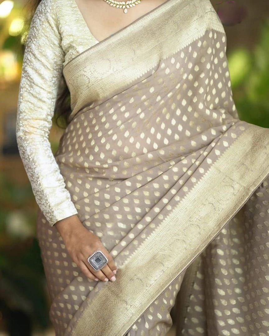 Stylish Golden Georgette Silk Handloom Weave Saree In Pure Fabric