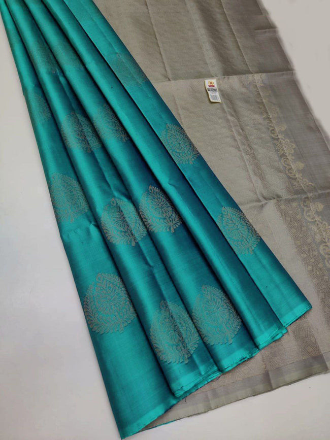 Stylish Firozi Handloom Kanchipuram Saree With Zari Weaving Borders