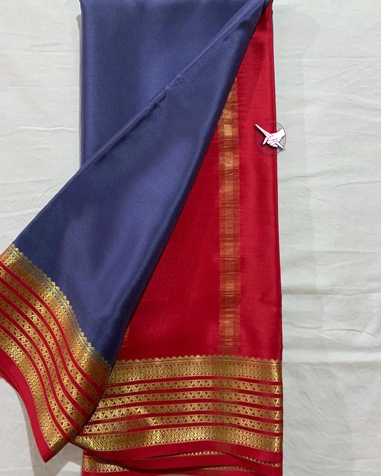 Exclusive Zari Border Blue nd Red  Colour Plain Mysore Silk Saree.