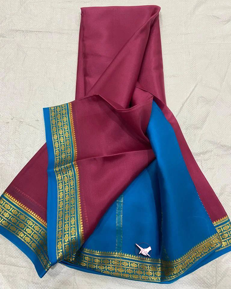 Exclusive Zari Border Purple  nd  Blue  Colour Plain Mysore Silk Saree.