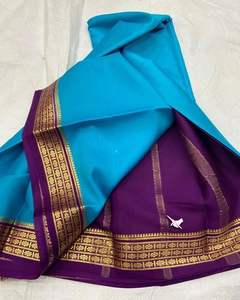 Exclusive  Zari Border Blue nd Purple Colour Plain Mysore Silk Saree.