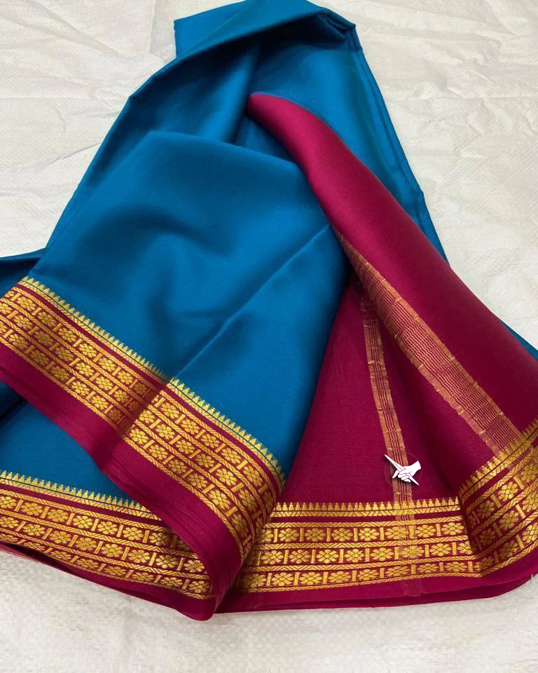 Chic Rama And Pink Mysore Silk Saree Fancy Party Wear Look With Zari Weaving And Blouse