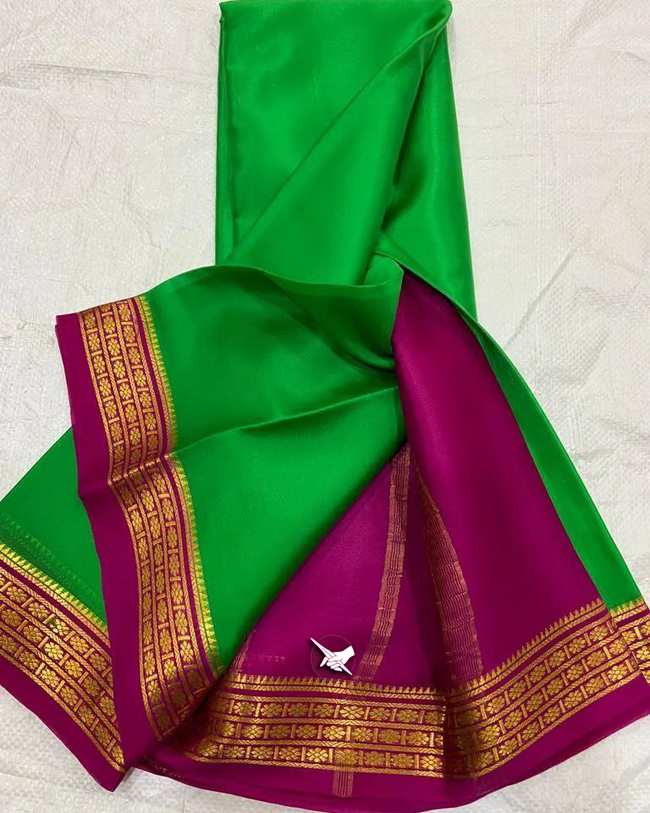 Exclusive Zari Border Pink nd Green Plain Mysore Silk Saree.