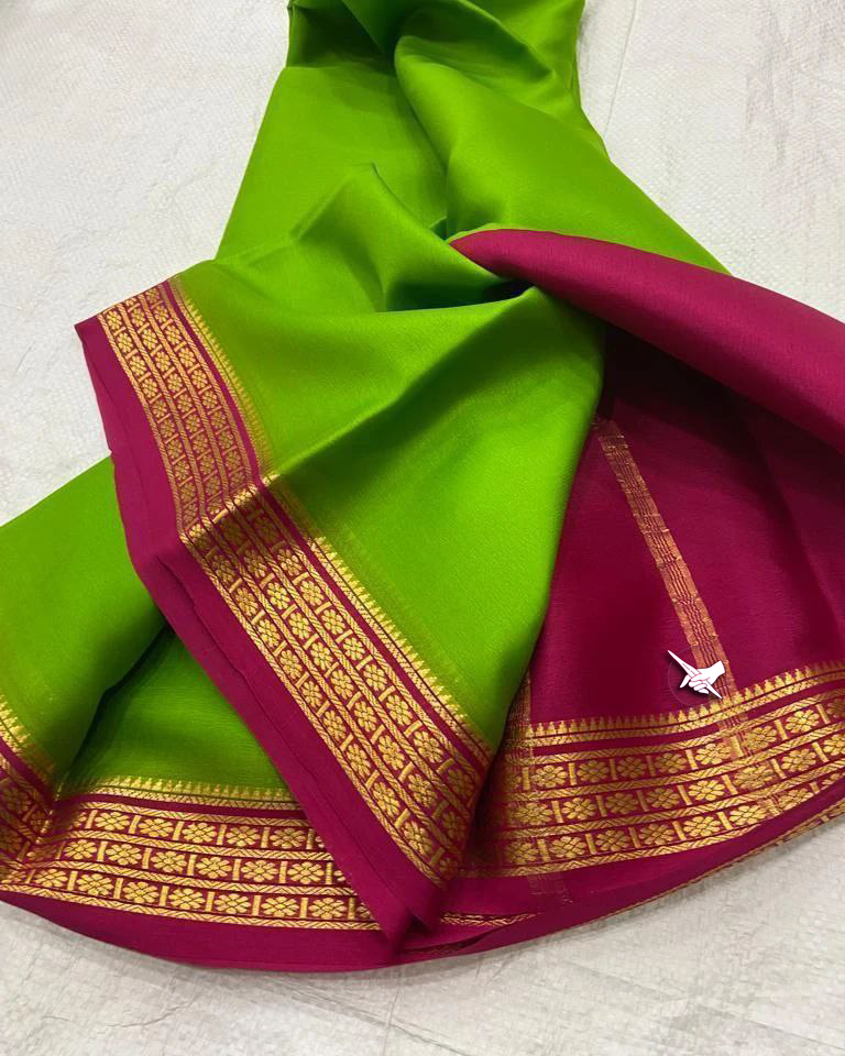 Exclusive  Zari Border Light Green nd Pink Plain Mysore Silk Saree.