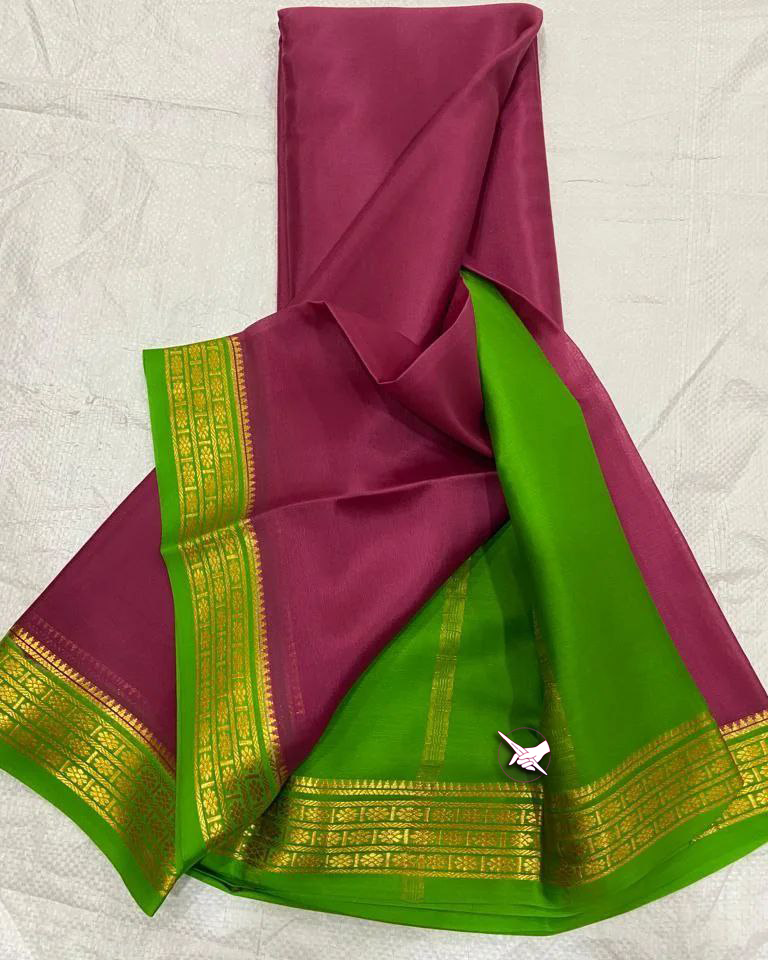 Exclusive Zari Border Bottal Green nd Marun Plain Mysore Silk Saree.