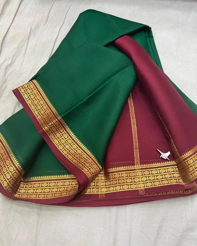 Exclusive Zari Border Bottal Green nd Marun Plain Mysore Silk Saree.