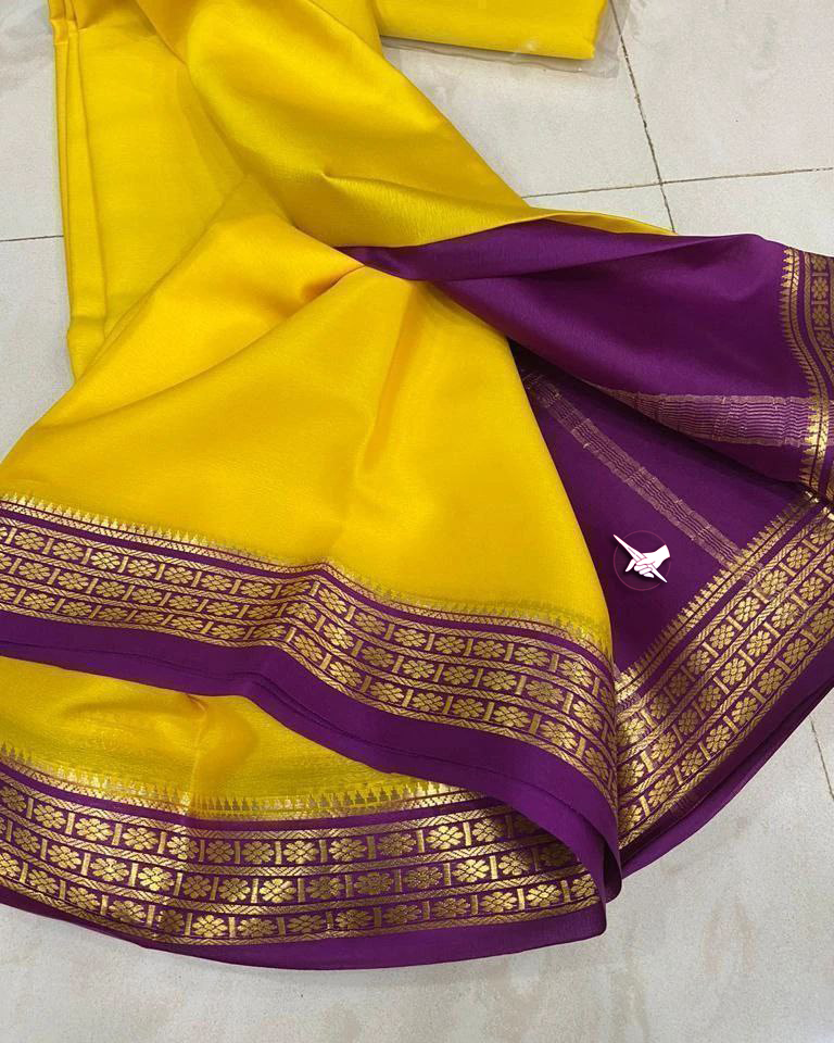 Exclusive Zari Border Yellow nd Purple Colour Semi Mysore Silk Saree.