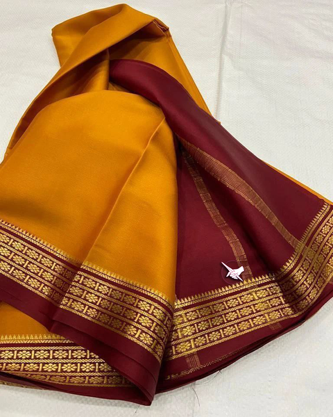 Exclusive Zari Border Yellow & Maroon combination Colour Semi Mysore Silk Saree.