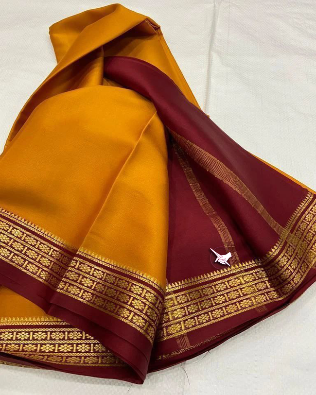 Exclusive Zari Border Yellow & Maroon combination Colour Semi Mysore Silk Saree.