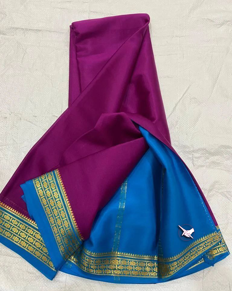 Exclusive  Zari Border Wine nd Light Blue Colour Semi  Mysore Silk Saree.