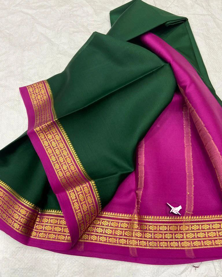 Exclusive Zari Border Green nd Pink Colour Semi  Mysore Silk Saree.