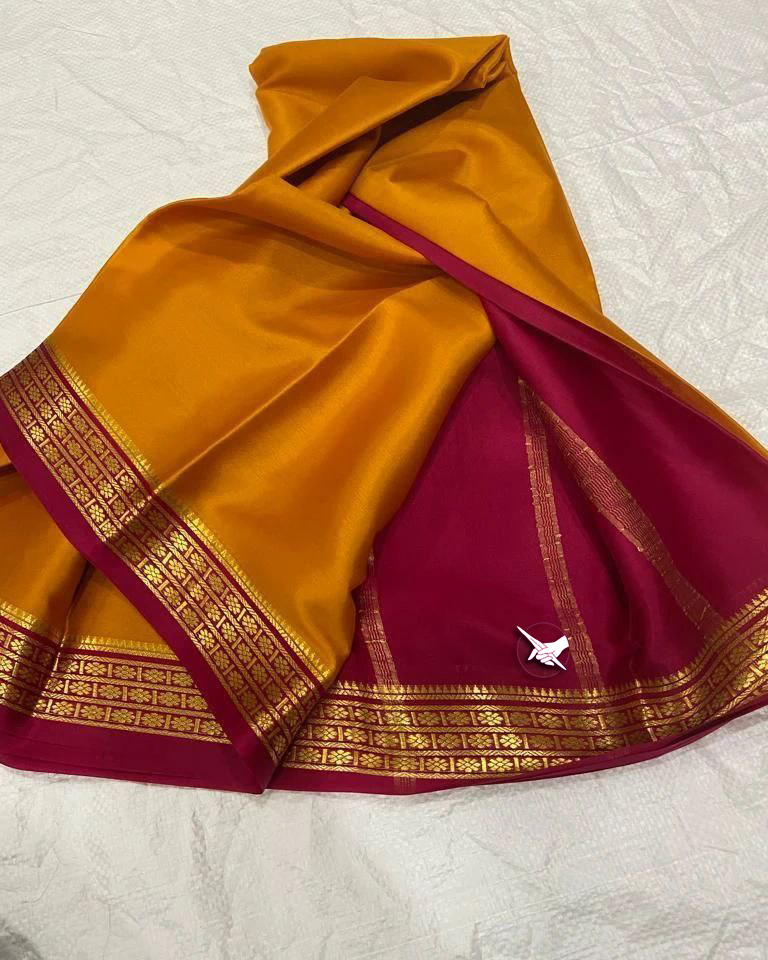 Exclusive  Zari Border Mustard Nd Marun Colour Semi  Mysore Silk Saree.