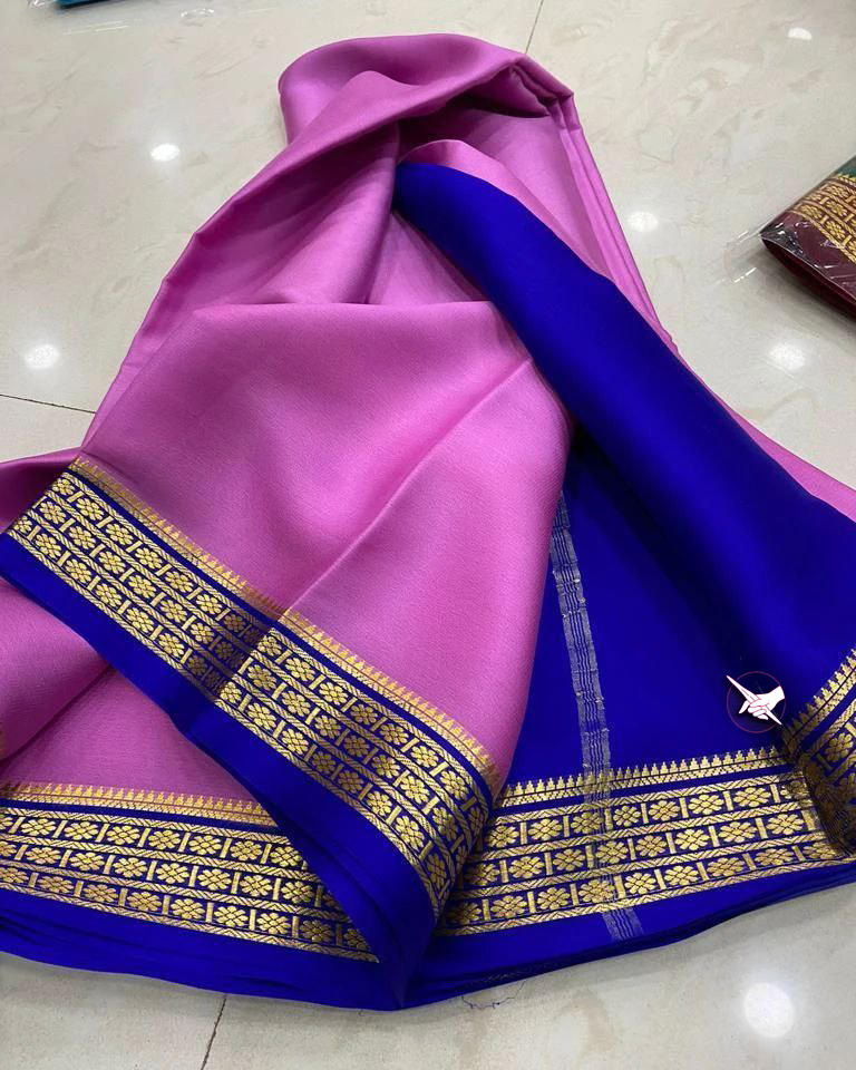 Floral Zari Border Baby Pink Mysore Silk Saree.