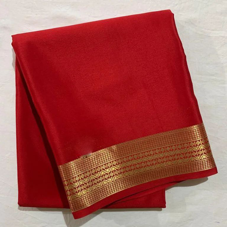 Exclusive Red Mysore Silk Saree Soft Plain Look With Ornate Zari Border