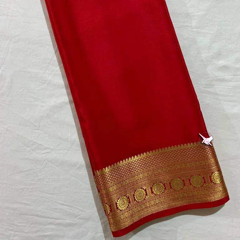 Festive Wear Light Red Mysore Plain Silk Saree With Elegant Zari Trim