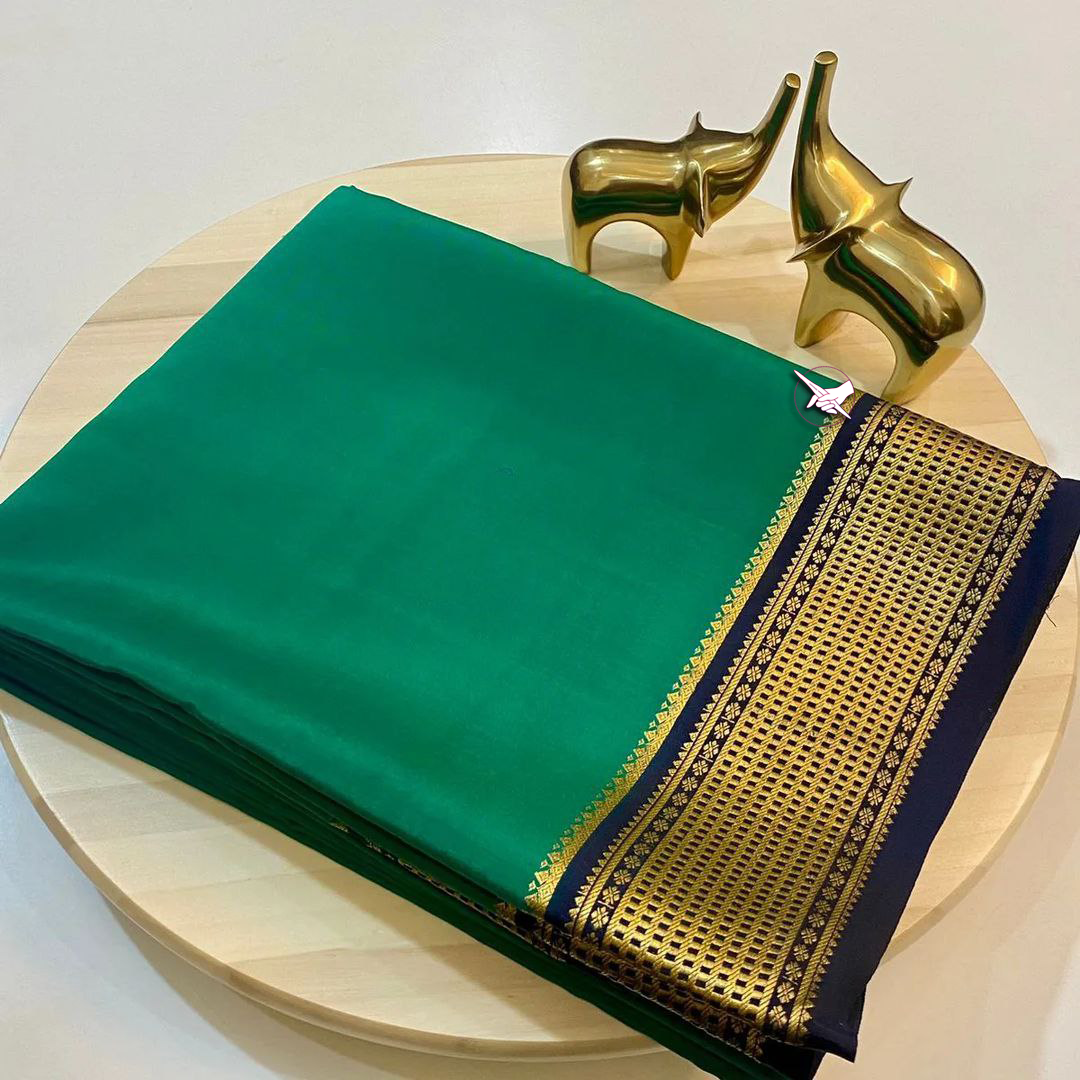 Zari Border Mysore Silk Saree Green And Silver Party Wear Plain Design And Trendy Blouse Material