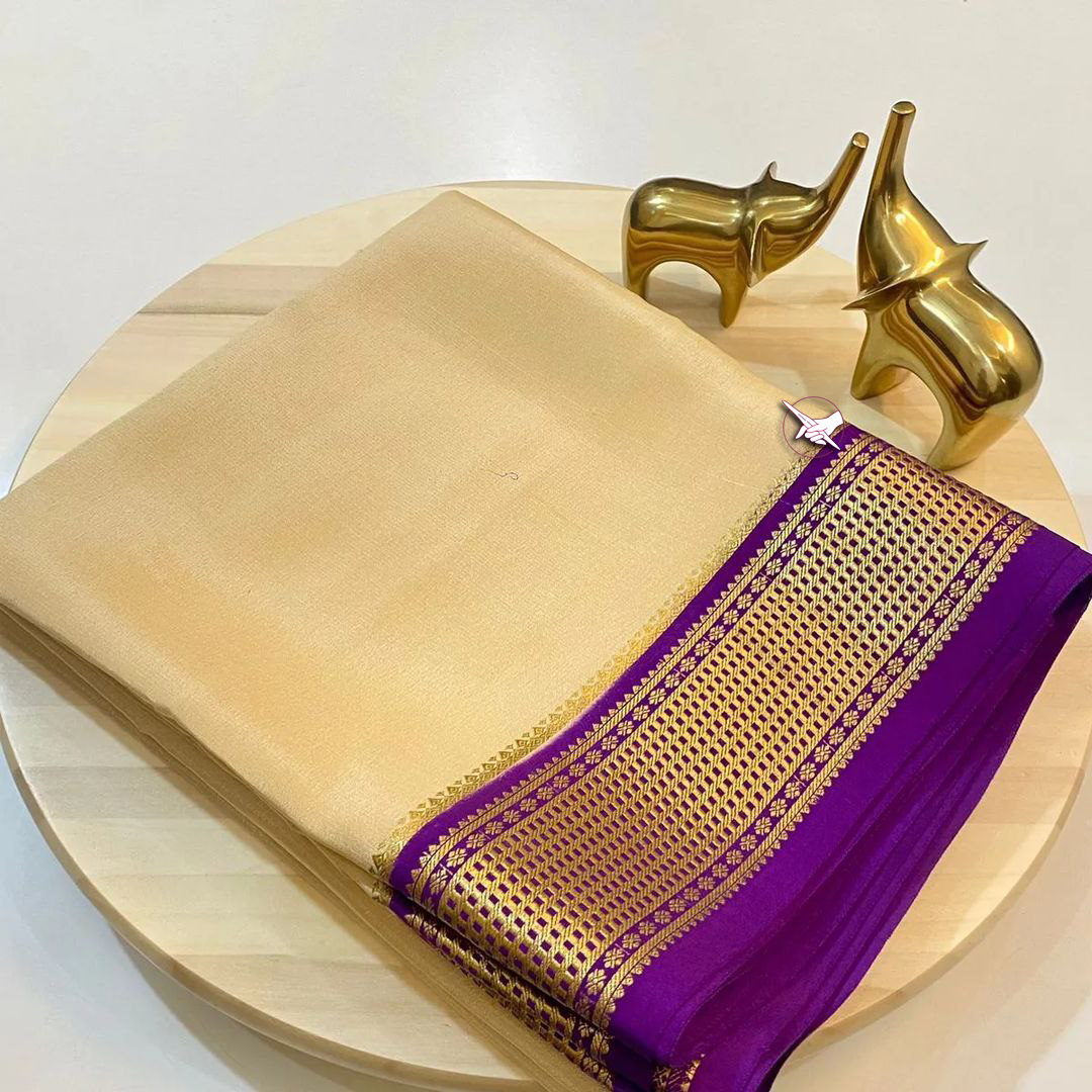 Exclusive Zari Border Lemon with Purple  Colour Plain Mysore Silk Saree.