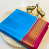 Zari Border Pure Mysore Silk Saree Blue And Pink Crepe Feel For Celebrations