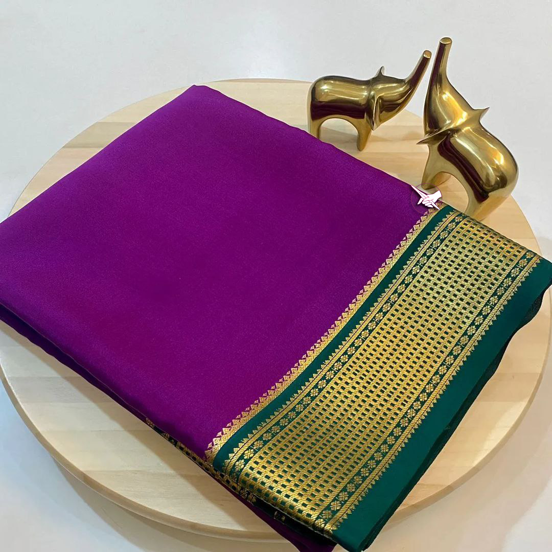 Exclusive  Zari Border Purple nd Green  Colour Plain Mysore Silk Saree.