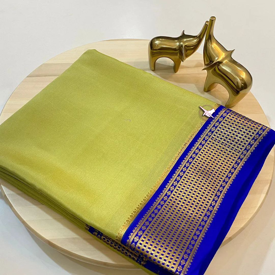 Exclusive  Zari Border Pista nd Blue Colour Plain Mysore Silk Saree.