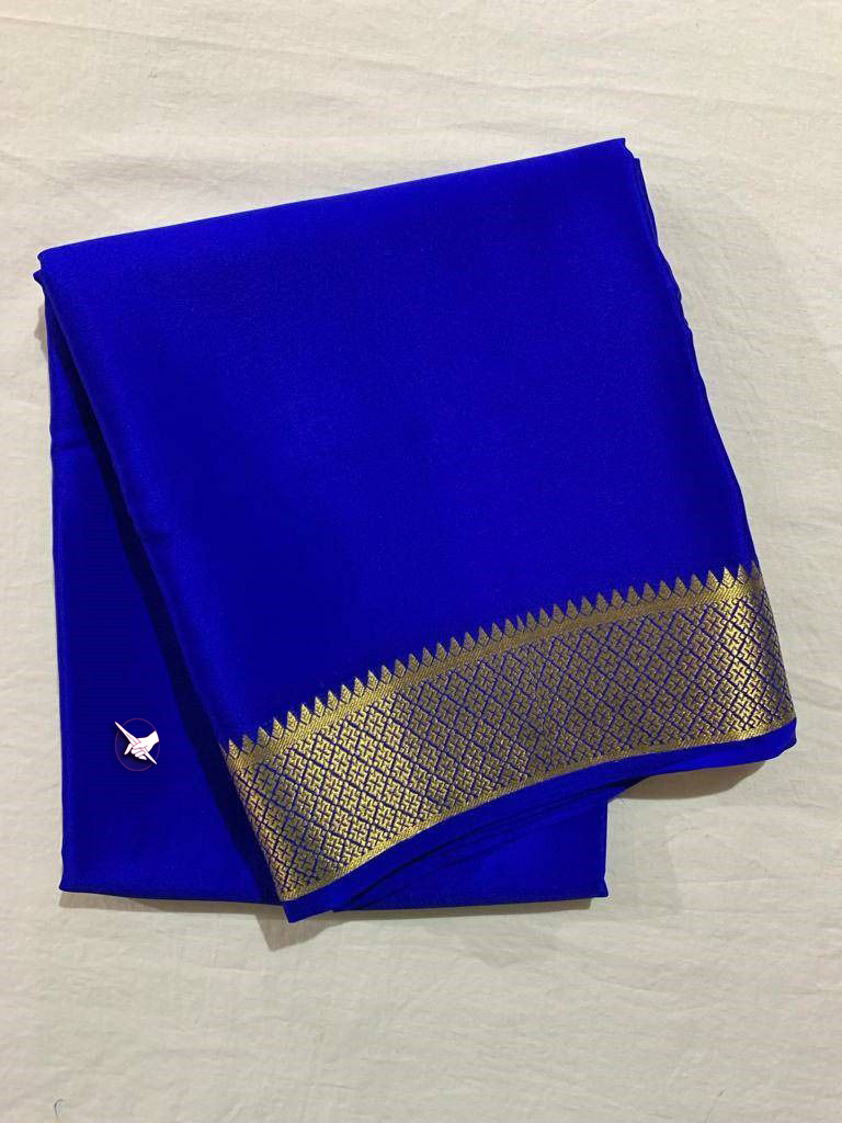 Wedding Wear Royal Blue Mysore Silk Plain Saree With Zari Border And Stylish Blouse