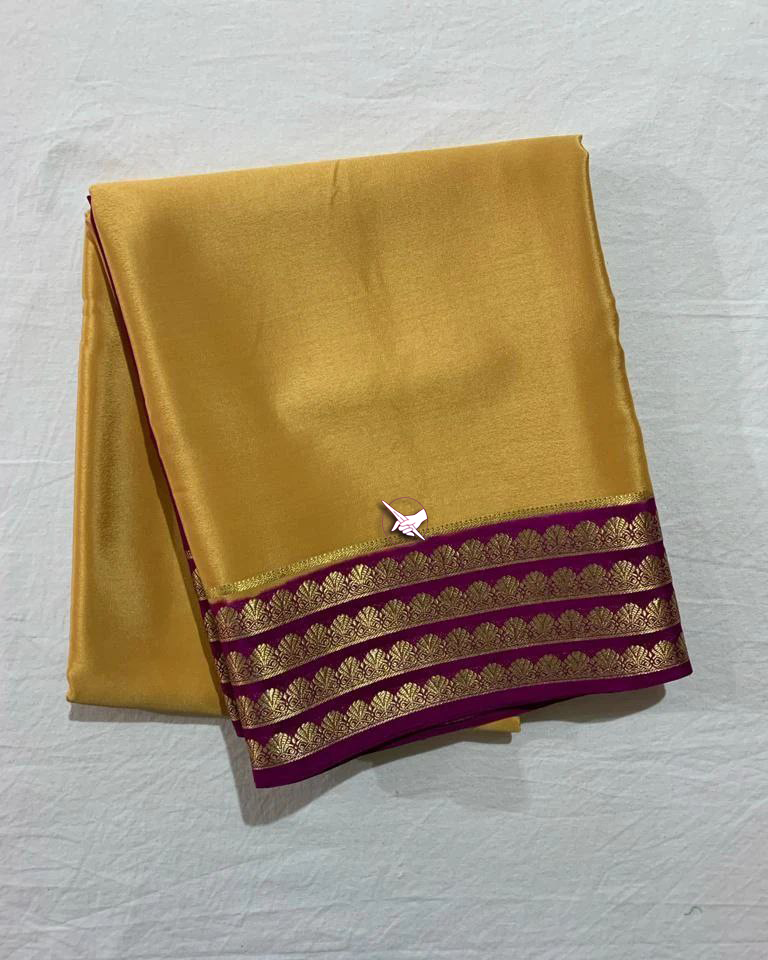 Exclusive Zari Border Chiku nd Wine Colour Plain Mysore Silk Saree.