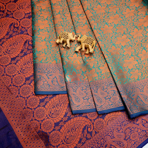 Blue Engaging Handloom Korvai Silk Weaving Work Semi Saree