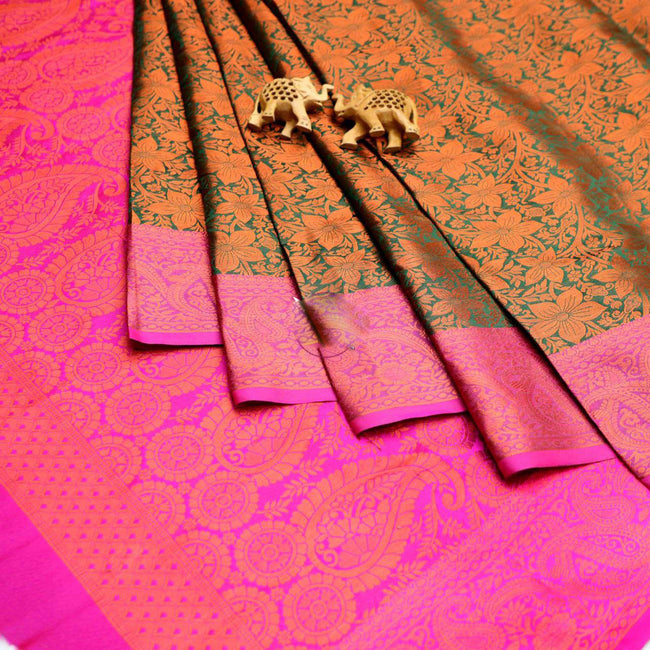 Fetching Green Handloom Semi Bridal Korvai Silk Weaving Work Saree