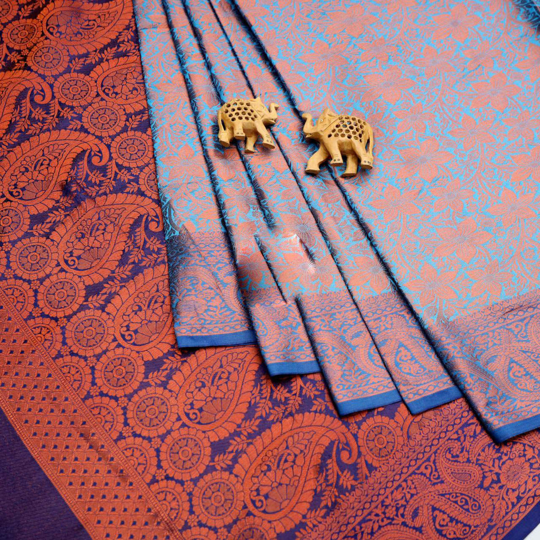Gorgeous Semi Bridal Handloom Korvai Silk Weaving Work Blue Saree