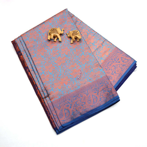 Gorgeous Semi Bridal Handloom Korvai Silk Weaving Work Blue Saree