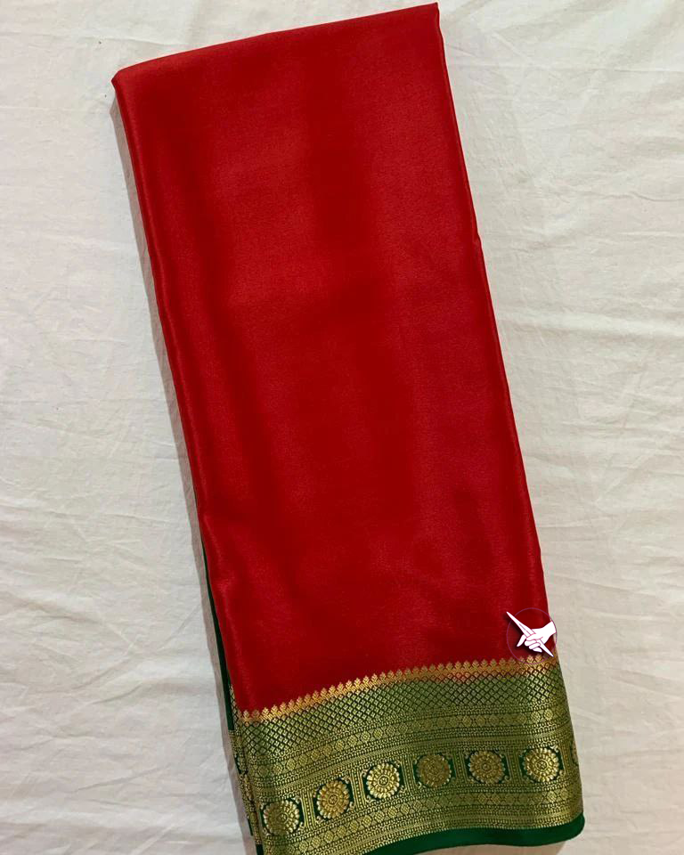 Exclusive Zari Border Red Plain Mysore Silk Saree.