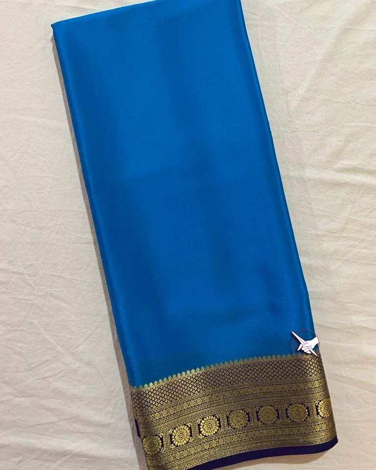 Exclusive Zari Border Pink Blue  Mysore Silk Saree.